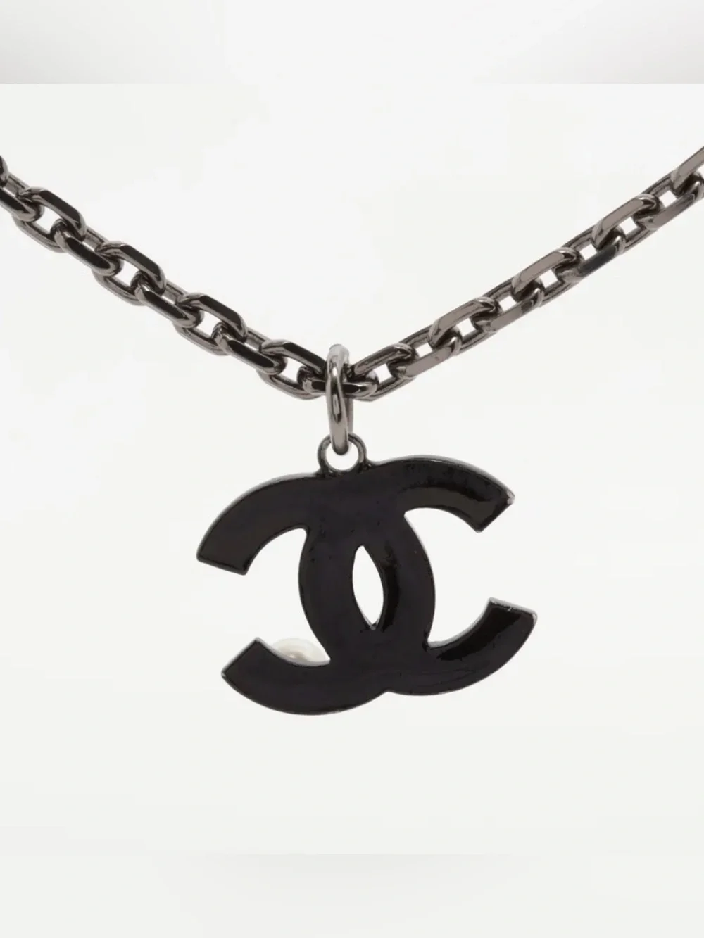 CHANEL Black Bead Necklace with Pearl Accent and Logo Pendant